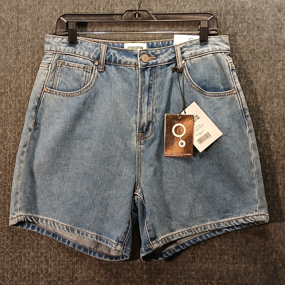 Insane Gene Womens High Rise Mom Shorts Medium Wash Blue Denim Size Large NWT